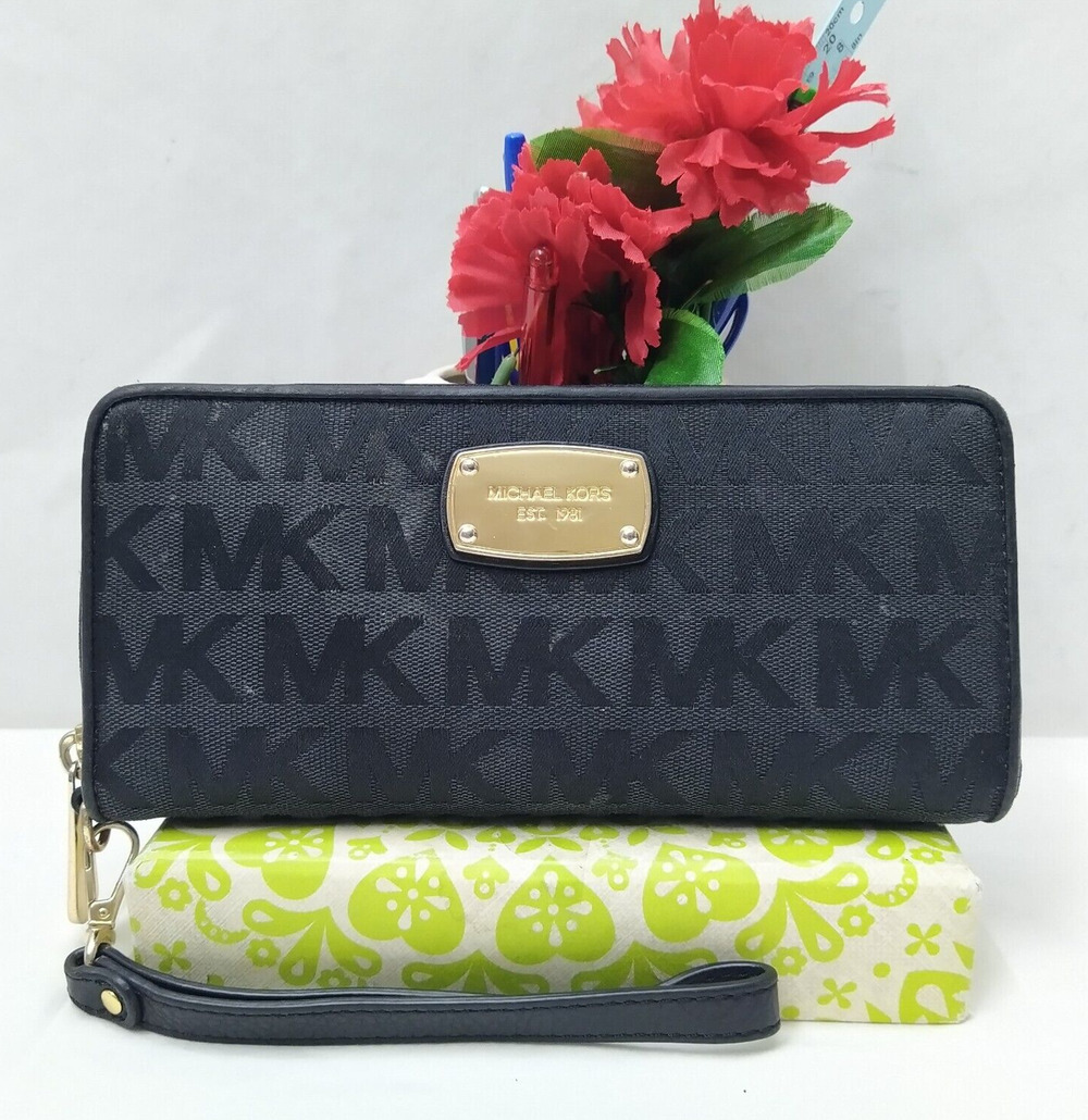 Michael Kors Black Canvas Leather Trim MK Printed Zip Around Credit Card Wallet